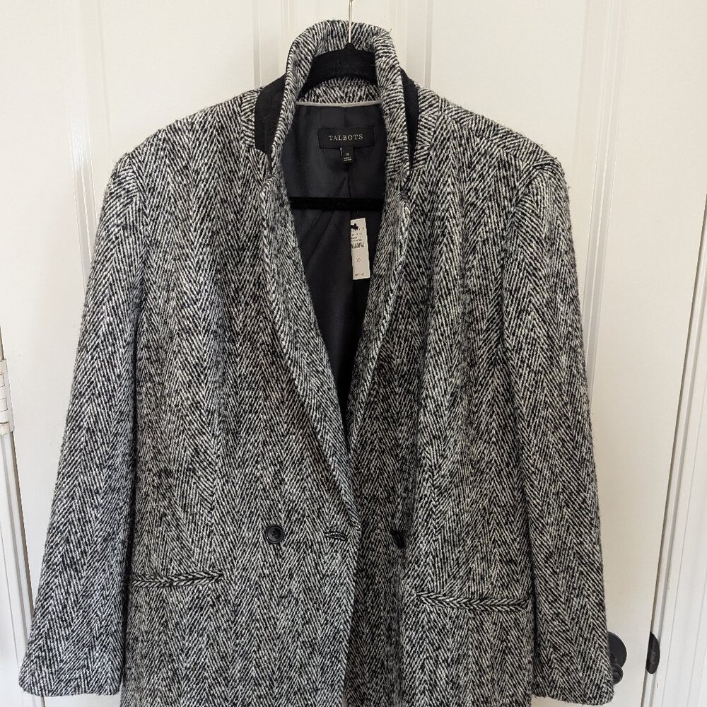 Black and white herringbone coat